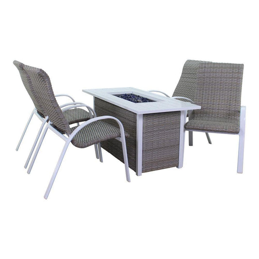 Courtyard Casual Courtyard Casual - Santa Fe 5 pc Fire Pit Set in White with 1 Rectangle Fire Pit and 4 Wicker Chairs | 5629
