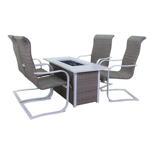 Courtyard Casual Courtyard Casual - Santa Fe 5 pc Fire Pit Set in White with 1 Rectangle Fire Pit and 4 Wicker Spring Chairs | 5631