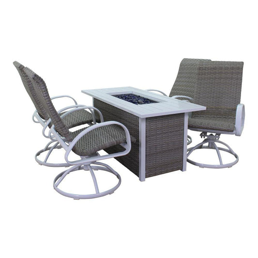 Courtyard Casual Courtyard Casual - Santa Fe 5 pc Fire Pit Set in White with 1 Rectangle Fire Pit and 4 Wicker Swivel Rockers | 5630