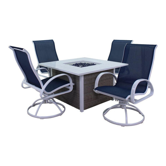 Courtyard Casual Courtyard Casual - Santa Fe 5 pc Fire Pit Set in White with 1 Square Fire Pit and 4 Sling Swivel Rockers | 5634