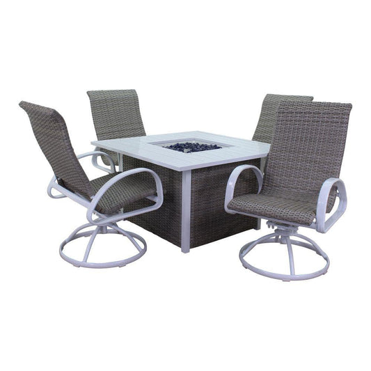 Courtyard Casual Courtyard Casual - Santa Fe 5 pc Fire Pit Set in White with 1 Square Fire Pit and 4 Wicker Swivel Rockers | 5636