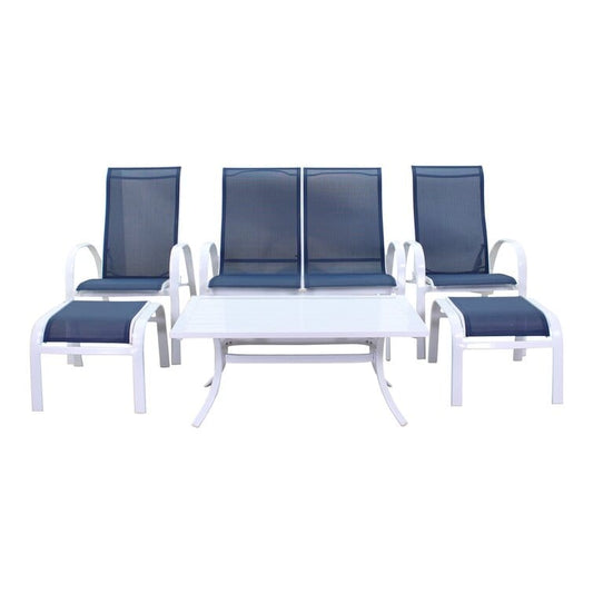 Courtyard Casual Courtyard Casual - Santa Fe 6 pc Loveseat Glider Set in White with 1 Loveseat Glider, 1 Coffee Table, 2 Reclining Sling Chairs and 2 Ottomans | 5626