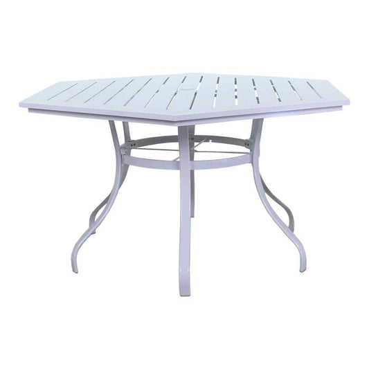 Courtyard Casual Courtyard Casual - Santa Fe 60" Hexagon Aluminum Table with Slat Top and Umbrella Hole in White | 5612