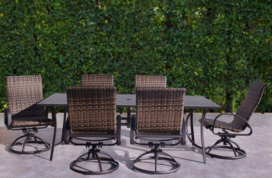 Courtyard Casual Courtyard Casual - Santa Fe 7 pc Dining Set in Java with 84" Rectangle Table and 6 Wicker Swivel Rockers | 5716