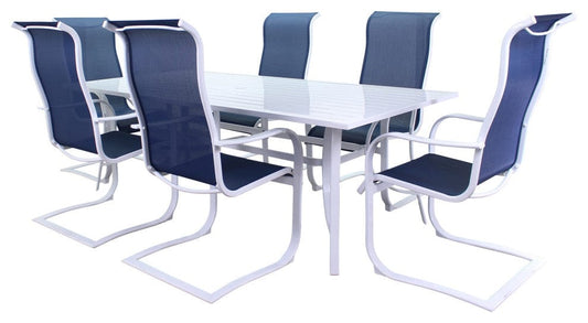 Courtyard Casual Courtyard Casual - Santa Fe 7 pc Dining Set in White with 84" Rectangle Table and 6 Spring Sling Chairs | 5652
