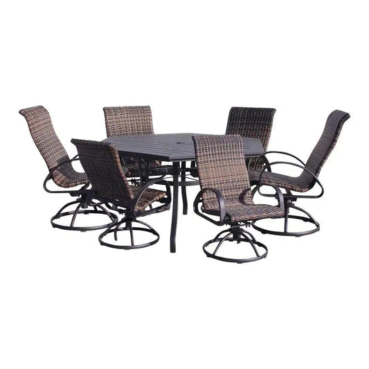 Courtyard Casual Courtyard Casual - Santa Fe 7 pc Hexagon Dining Set in Java with 60" Hexagon Table and 6 Wicker Swivel Rockers | 5708