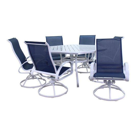 Courtyard Casual Courtyard Casual - Santa Fe 7 pc Hexagon Dining Set in White with 60" Hexagon Table and 6 Sling Swivel Rockers | 5644