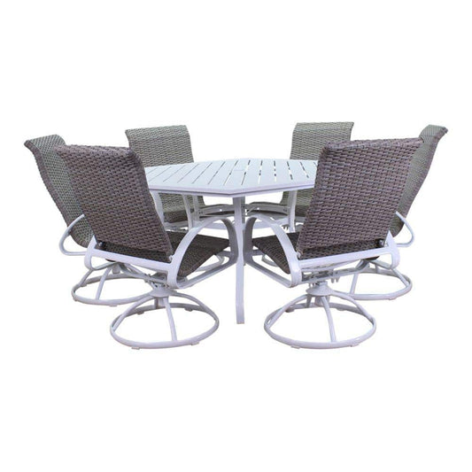 Courtyard Casual Courtyard Casual - Santa Fe 7 pc Hexagon Dining Set in White with 60" Hexagon Table and 6 Wicker Swivel Rockers | 5646