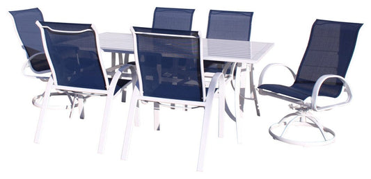 Courtyard Casual Courtyard Casual - Santa Fe 7 pc Mixed Dining Set in White with 84" Rectangle Table, 2 Swivel Rockers and 4 Sling Chairs | 5653