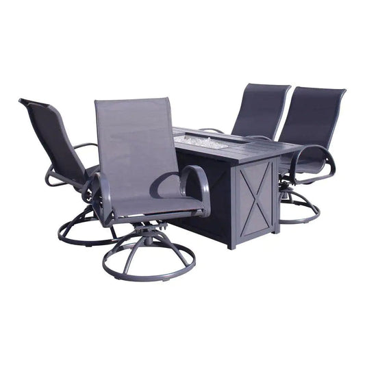 Courtyard Casual Courtyard Casual - Santa Fe Dark Gray 5 Piece Rectangle Fire Pit Set with 1 Fire Pit and 4 Sling Swivel Rockers | 5580