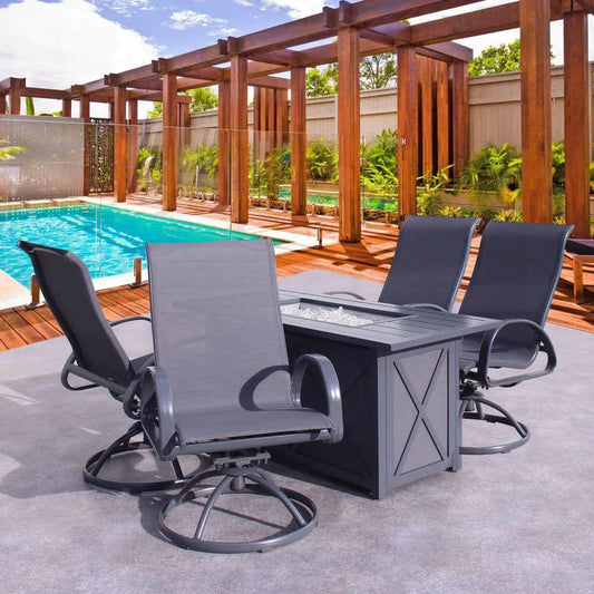 Courtyard Casual Courtyard Casual - Santa Fe Dark Gray 5 Piece Rectangle Fire Pit Set with 1 Fire Pit and 4 Sling Swivel Rockers | 5580