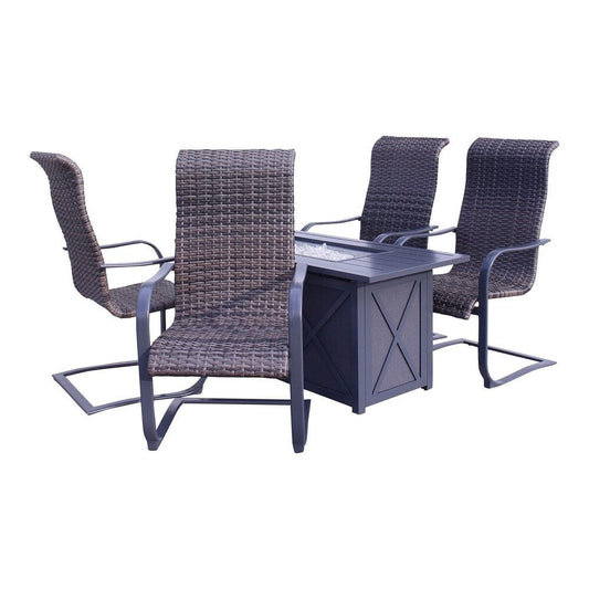 Courtyard Casual Courtyard Casual - Santa Fe Dark Gray 5 Piece Rectangle Fire Pit Set with 1 Fire Pit and 4 Wicker Spring Chairs | 5583