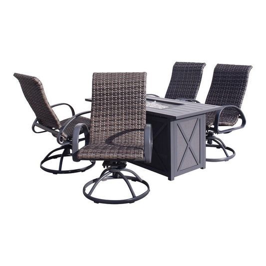 Courtyard Casual Courtyard Casual - Santa Fe Dark Gray 5 Piece Rectangle Fire Pit Set with 1 Fire Pit and 4 Wicker Swivel Rockers | 5582