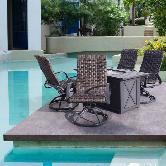 Courtyard Casual Courtyard Casual - Santa Fe Dark Gray 5 Piece Rectangle Fire Pit Set with 1 Fire Pit and 4 Wicker Swivel Rockers | 5582