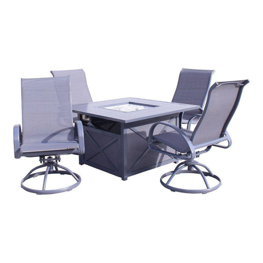 Courtyard Casual Courtyard Casual - Santa Fe Dark Gray 5 Piece Square Fire Pit Set with 1 Fire Pit and 4 Sling Swivel Rockers | 5586