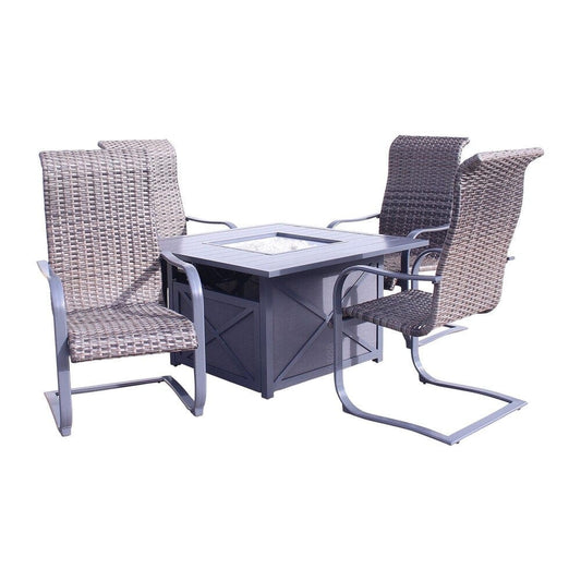 Courtyard Casual Courtyard Casual - Santa Fe Dark Gray 5 Piece Square Fire Pit Set with 1 Fire Pit and 4 Wicker Spring Chairs | 5589