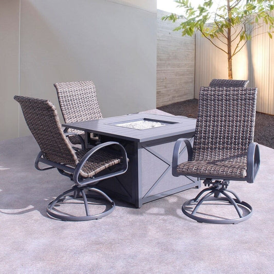 Courtyard Casual Courtyard Casual - Santa Fe Dark Gray 5 Piece Square Fire Pit Set with 1 Fire Pit and 4 Wicker Swivel Rockers | 5588