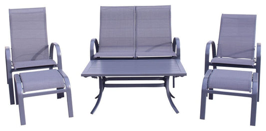 Courtyard Casual Courtyard Casual - Santa Fe Dark Gray 6 Piece Loveseat Glider Set with 1 Loveseat Glider, 2 Reclining Sling Chairs, 2 Ottomans and 1 Rectangle Coffee Table | 5578