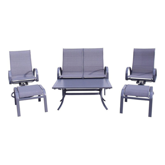 Courtyard Casual Courtyard Casual - Santa Fe Dark Gray 6 Piece Loveseat Glider Set with 1 Loveseat Glider, 2 Sling Swivel Rockers, 2 Ottomans and 1 Rectangle Coffee Table | 5577