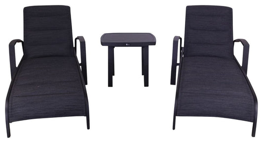 Courtyard Casual Courtyard Casual - Santorini Black Aluminum 3 Piece Chaise Lounge Set with 2 Padded Sling Chaise Lounges and 1 Square 24" End Table | 5802