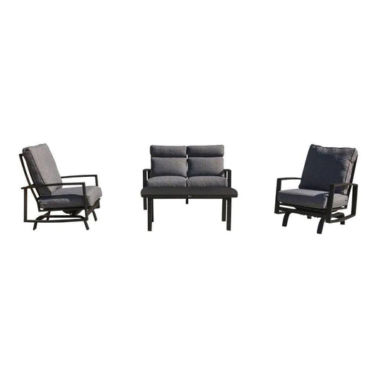 Courtyard Casual Courtyard Casual - Santorini Black Aluminum 4 Piece Loveseat Motion Seating Group with 1 Loveseat, 2 Motion Club Chairs and 1 48" Coffee Table | 5794