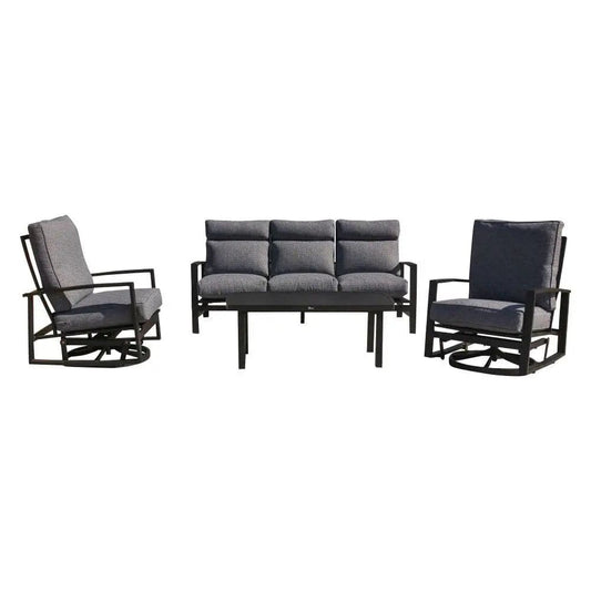 Courtyard Casual Courtyard Casual - Santorini Black Aluminum 4 Piece Sofa Swivel Seating Group with 1 Sofa, 2 Swivel Gliders and 1 48" Coffee Table | 5798