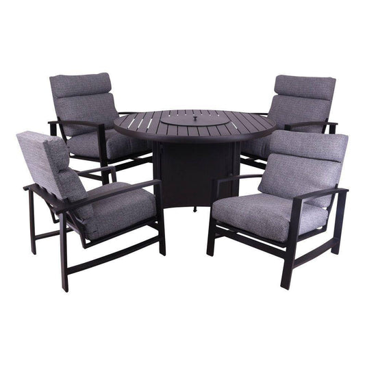 Courtyard Casual Courtyard Casual - Santorini Black Aluminum 5 Piece Fire Pit Seating Group with 48" Round Fire Pit and 4 Club Chairs | 5799