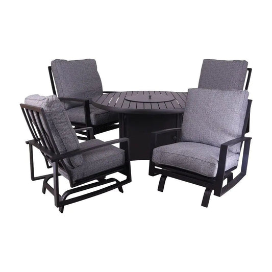 Courtyard Casual Courtyard Casual - Santorini Black Aluminum 5 Piece Motion Fire Pit Seating Group with 48" Round Fire Pit and 4 Motion Club Chairs | 5800