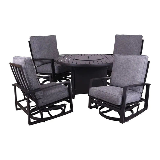 Courtyard Casual Courtyard Casual - Santorini Black Aluminum 5 Piece Swivel Fire Pit Seating Group with 1 48" Round Fire Pit and 4 Swivel Gliders | 5801