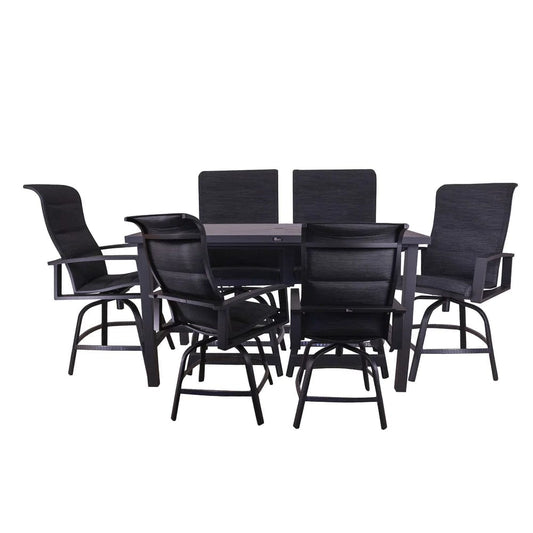 Courtyard Casual Courtyard Casual - Santorini Black Aluminum 7 Piece Balcony Height 64" Rectangle Dining Set with 1 Table and 6 Swivel Balcony Bar Stools | 5859