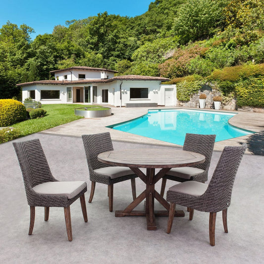 Courtyard Casual Outdoor Dining Set Courtyard Casual - Bermuda FSC Teak 5 pc 48" Flag Leg FSC Teak Dining Set
Includes one 48" Round Dining Table and four Dining Chairs | 5541