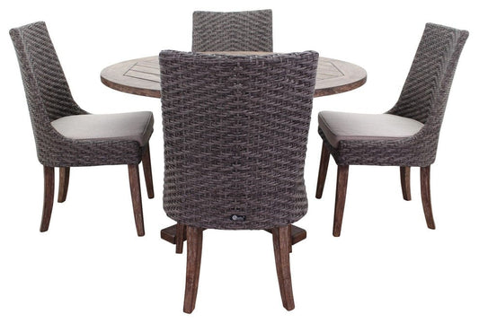 Courtyard Casual Outdoor Dining Set Courtyard Casual - Bermuda FSC Teak 5 pc 48" Flag Leg FSC Teak Dining Set
Includes one 48" Round Dining Table and four Dining Chairs | 5541