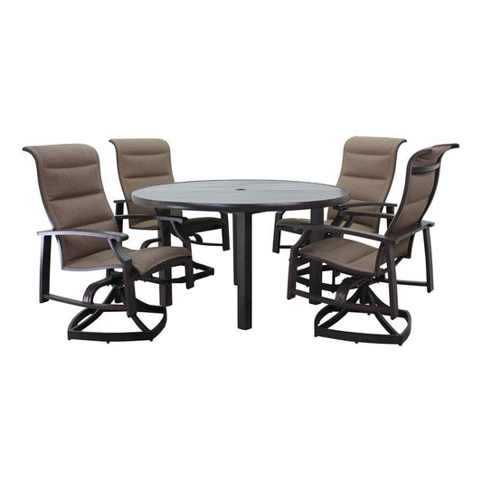 Courtyard Casual Outdoor Dining Set Courtyard Casual - Madison 5 pc Motion Round Dining set
Includes: One Round Table and Four Padded Swivel Sling Chairs | 5335