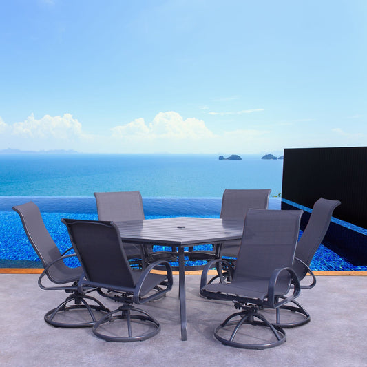 Courtyard Casual Outdoor Dining Set Courtyard Casual - Santa Fe 7 Piece 60" Hexagon Dining Table with 6 Swivel Rocker Chairs | 5180