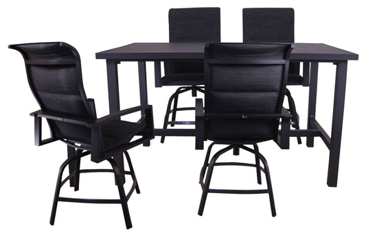 Courtyard Casual Outdoor Dining Set Courtyard Casual - Santorini Black Aluminum 5 Piece Balcony Height 64" Rectangle Dining Set with 1 Table and 4 Swivel Balcony Bar Stools | 5858