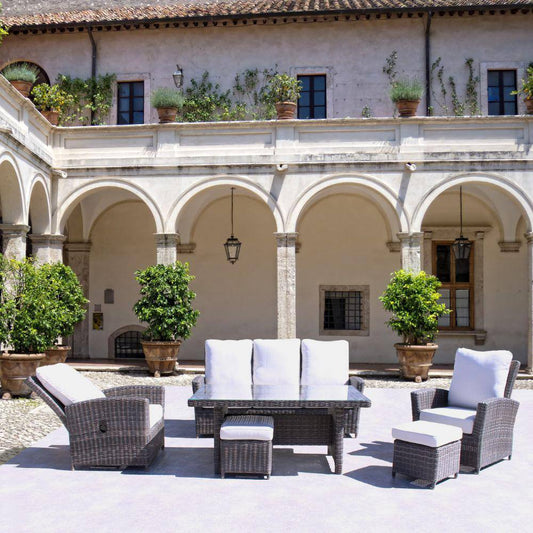 Courtyard Casual Outdoor Dining Table Courtyard Casual - Chelshire 6 Pc Recline Seating Set
Silver Oak - Canvas Biscuit
One Sofa, One Chow Dining table, Two Club Chairs, & Two Ottomans
Solution Dyed Acrylic | 5250