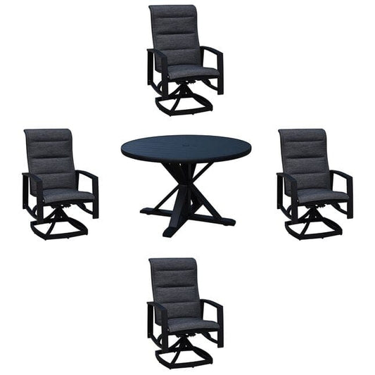 Courtyard Casual Outdoor Dining Table Courtyard Casual - Santorini 5 Piece Motion 48" Round Dining Table Set with 4 Padded Swivel Sling Chairs | 5346