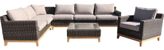 Courtyard Casual Outdoor Sectional Courtyard Casual - Maywood Silver Oak with Teak 6 Piece Sectional Set with 1 Left Loveseat, 1 Right Loveseat, 1 Corner Chair, 1 Armless Middle Extension Chair, 1 Coffee Table and 1 Club Chair | 5855