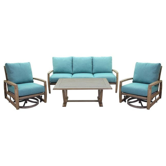 Courtyard Casual Outdoor Sofa Courtyard Casual - Avalon FSC Teak 4 Piece Motion Seating Group with Sofa, Coffee Table and 2 Swivel Gliders | 5376