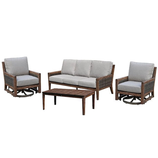 Courtyard Casual Outdoor Sofa Courtyard Casual - Bermuda FSC Teak 4 Piece Sofa Motion Seating Set with 1 Sofa, 1 Coffee Table and 2 Swivel Gliders | 5446