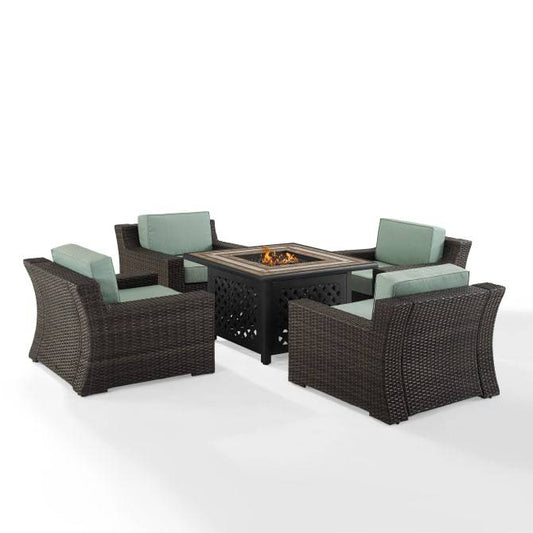 Crosley Furniture Conversation Set Crosely Furniture - Beaufort 5Pc Outdoor Wicker Chair Set W/Fire Table Mist/Brown - Tucson Fire Table & 4 Chairs - KO70180BR - Mist