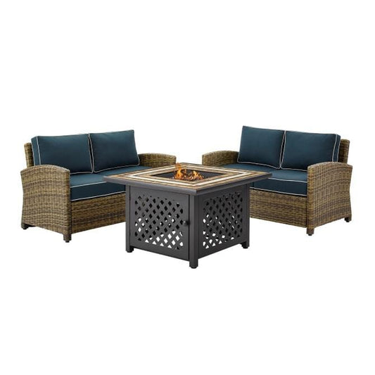 Crosley Furniture Fire Seating Sets Crosely Furniture - Bradenton 3Pc Outdoor Wicker Conversation Set W/Fire Table Include Color/Weathered Brown - Tucson Fire Table & 2 Loveseats - KO70164-XX