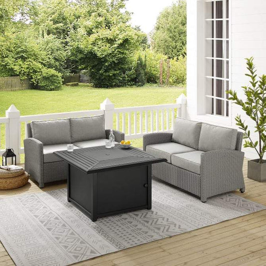 Crosley Furniture Fire Seating Sets Crosely Furniture - Bradenton 3Pc Wicker Loveseat Set W/Fire Table Gray/Gray - Dante Fire Table & 2 Loveseats - KO70170GY-GY - Gray