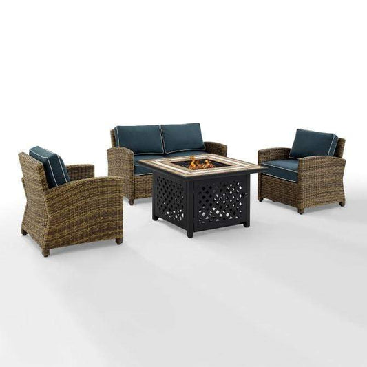Crosley Furniture Fire Seating Sets Crosely Furniture - Bradenton 4Pc Outdoor Wicker Conversation Set W/Fire Table Weathered Brown/Include Color - Loveseat, Tucson Fire Table, & 2 Arm Chairs - KO70160-XX
