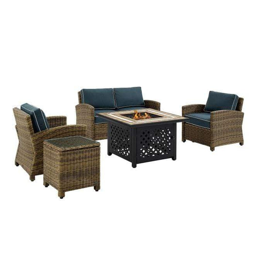 Crosley Furniture Fire Seating Sets Crosely Furniture - Bradenton 5Pc Outdoor Wicker Conversation Set W/Fire Table Weathered Brown/Navy/Sand/Sangria - Loveseat, Side Table, Tucson Fire Table, & 2 Armchairs - KO70162-XX