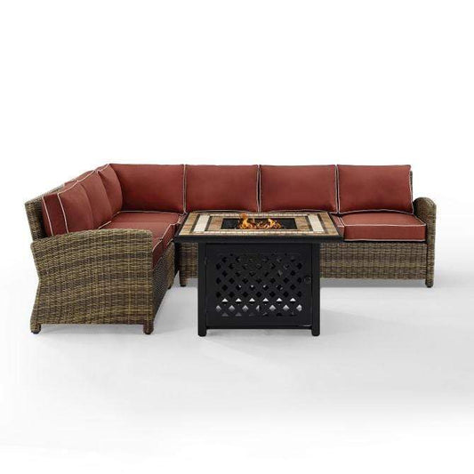 Crosley Furniture Fire Seating Sets Crosely Furniture - Bradenton 5Pc Outdoor Wicker Sectional Set W/Fire Table Include Color/Weathered Brown - Right Corner Loveseat, Left Corner Loveseat, Corner Chair, Center Chair, & Tucson Fire Table - KO70158-XX