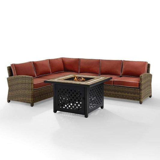 Crosley Furniture Fire Seating Sets Crosely Furniture - Bradenton 5Pc Outdoor Wicker Sectional Set W/Fire Table Include Color/Weathered Brown - Right Corner Loveseat, Left Corner Loveseat, Corner Chair, Center Chair, & Tucson Fire Table - KO70158-XX