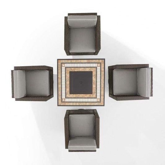 Crosley Furniture Fire Seating Sets Crosely Furniture - Palm Harbor 5Pc Outdoor Wicker Conversation Set W/Fire Table Gray/Sand - Tucson Fire Table & 4 Swivel Rocking Chairs - KO70600BR-XX