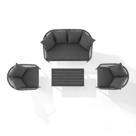 Crosley Furniture Patio Loveseat Sets Crosely Furniture - Dover 4Pc Outdoor Rope Conversation Set Charcoal/Matte Black - Loveseat, Coffee Table, & 2 Armchairs - KO70310MB-CL - Charcoal