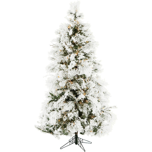 Christmas Time - 6.5-Ft. Frosted Fir Snowy Artificial Christmas Tree with Clear LED String Lighting